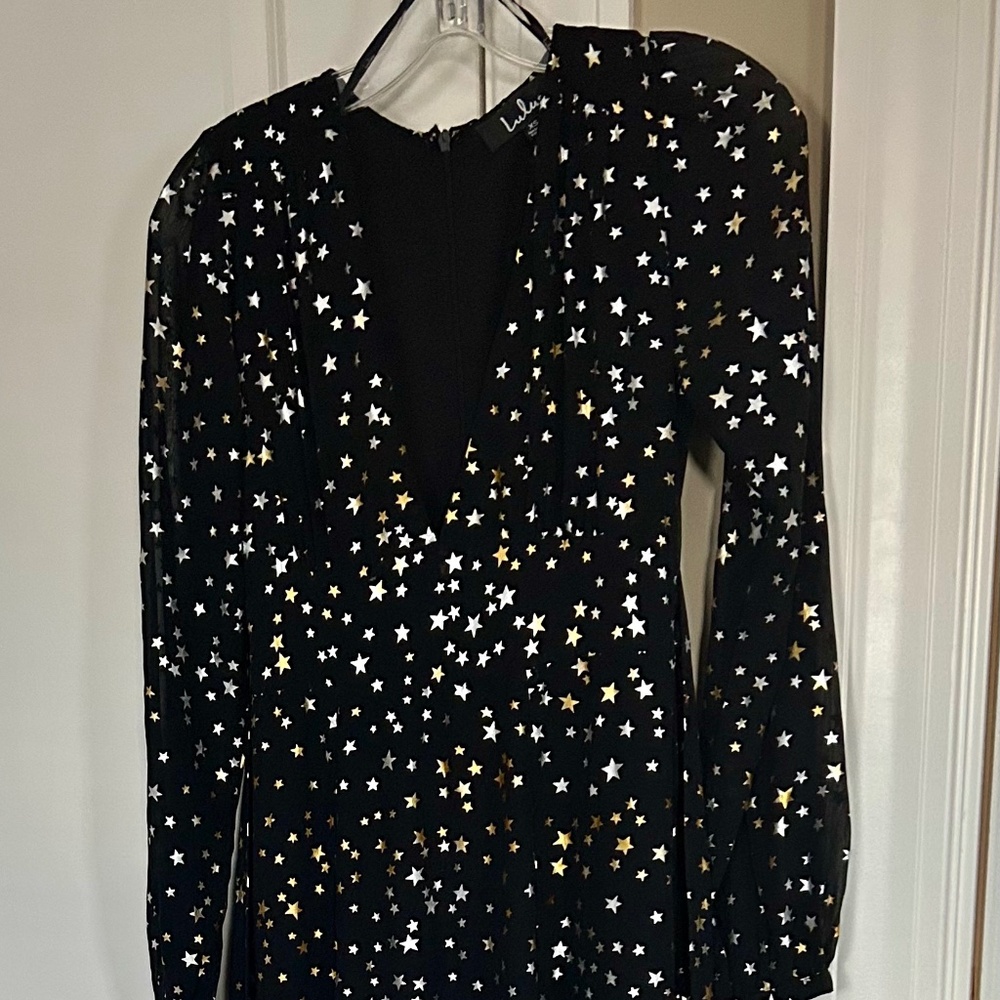 Lulu’s Sparks Fly Black Star Print Long Sleeve Maxi Dress XS NYE Ready!